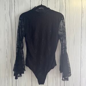 Black Lace Mock Neck Flared Sleeve Womens Bodysuit Whimseygoth Coquette small